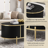 English Elm Modern Luxury Oval Shaped Fluted Coffee Table, Marble-Patterned Top Coffee Table With 2 Cabinets, Metal Legs and Handles For Living Room, Black (Date Of Expected Arrival: 11.20)