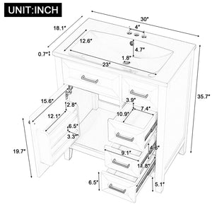 English Elm 30" Modern Bathroom Vanity with Sink Combo — Solid Rubberwood & MDF, 3 Drawers, Freestanding Contemporary Design Green N725P246482F