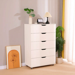 English Elm White Five Drawer Rolling Storage Cabinet with Sleek Cutout Handles for Any Room B372P407630