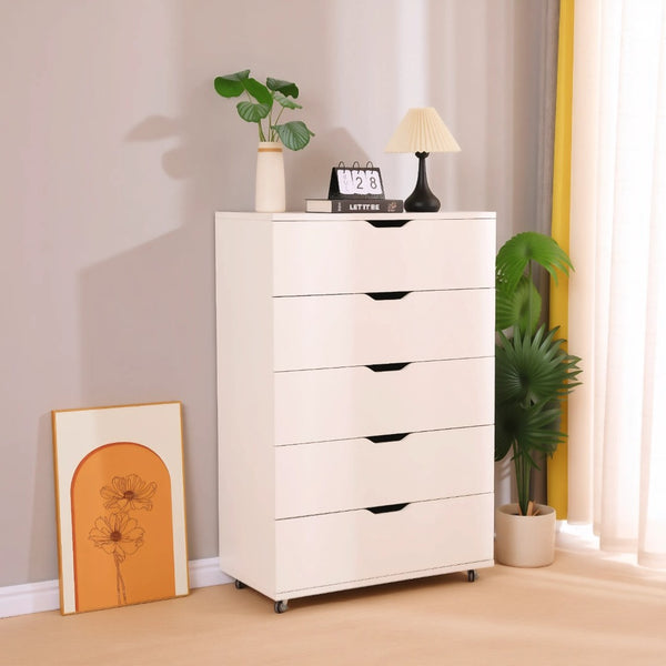 English Elm White Five Drawer Rolling Storage Cabinet with Sleek Cutout Handles for Any Room B372P407630