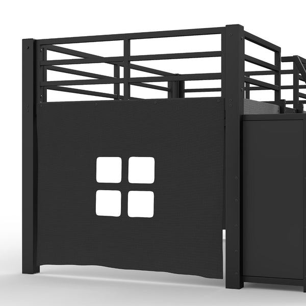 English Elm Twin Low Loft Bed with Shelves Fabric Drawers and Under Bed Study Nook Metal Frame Black W5305S00043