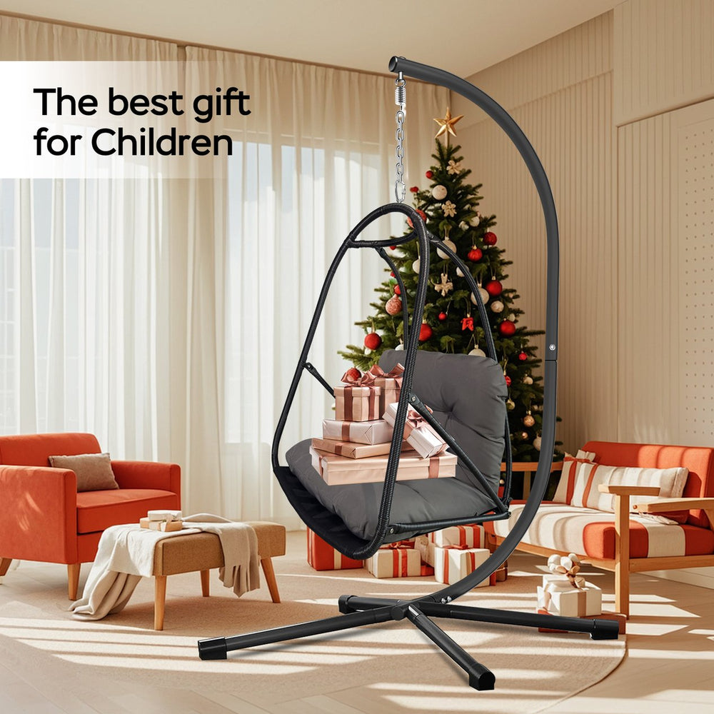 English Elm Swing Egg Chair with Stand - Foldable Rattan Hanging Basket Seat, Cushioned Comfort, Cup Holder Black W2707P388616