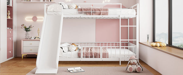 English Elm Full Full over Full Metal Bunk Bed with Slide, Interchangeable Stairs, Gate & Safety Guardrails for Kids White SF000170AAK