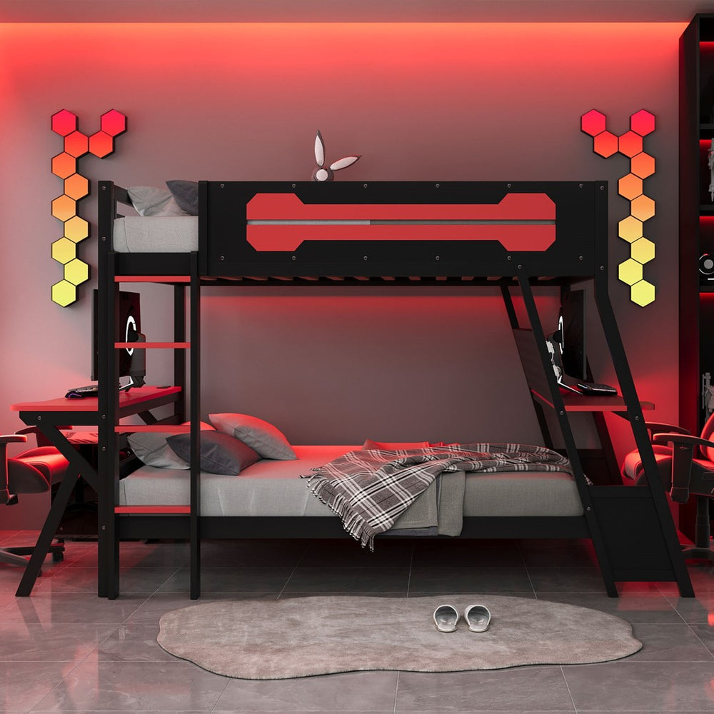 English Elm Full Size Gaming Bunk Bed with Dual Desks Usb Charging Ports and Pegboard Storage Red LT000274AAR