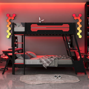 English Elm Full Size Gaming Bunk Bed with Dual Desks Usb Charging Ports and Pegboard Storage Red LT000274AAR