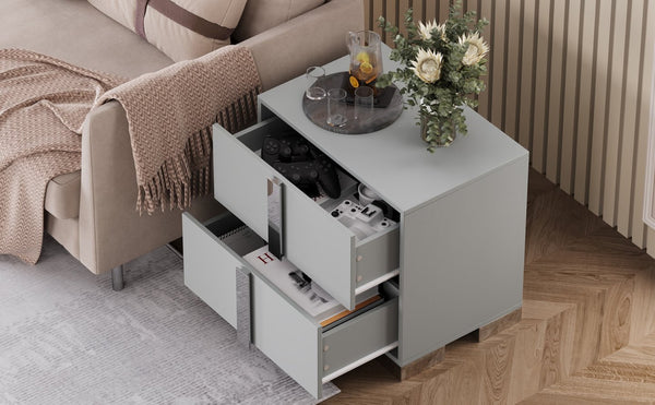 English Elm Modern Two Drawer Nightstand with Slim Metal Legs and Mirrored Bar Handles for Bedroom Grey W5271P416539