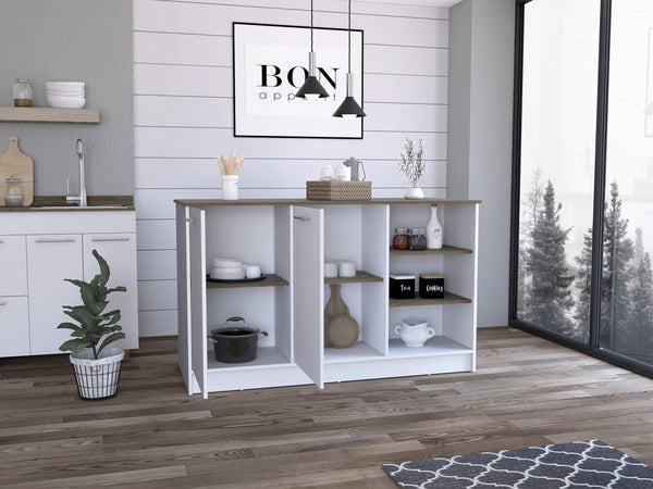 English Elm Kitchen Island With Two Cabinets & Three Open Shelves - Stylish White & Dark Brown Storage Solution B097S00130