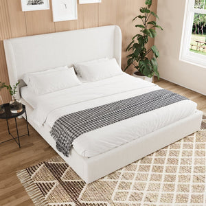 English Elm Queen Boucle Upholstered Wingback Bed Solid Wood Slats Cozy Bedroom Anchor W1670S00029
