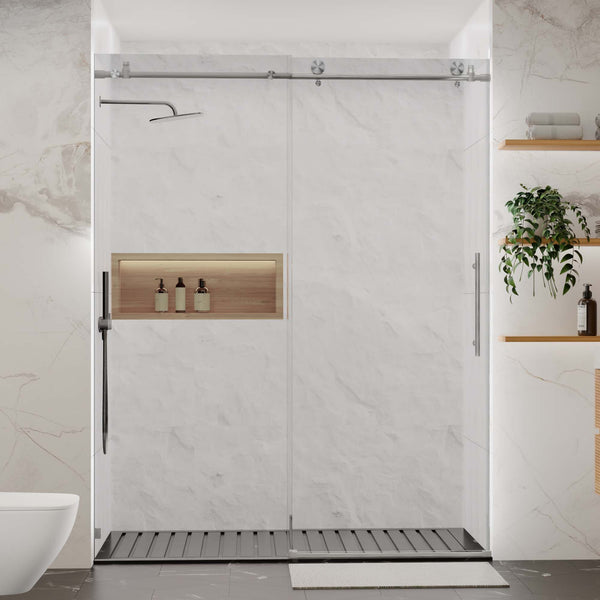 English Elm 56-60"W Frameless Sliding Shower Door with 5/16" Tempered Glass, Smooth Whisper-Quiet Rollers, Easy-Clean Coating Brushed Nickel W1865S00163