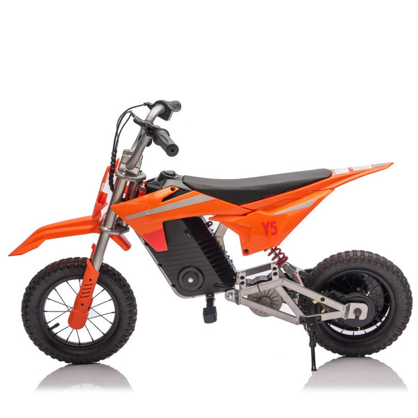 English Elm 24v 250w Kids Off-road Electric Motorcycle with Led Lights Bluetooth and Rear Suspension Orange W1578P203982