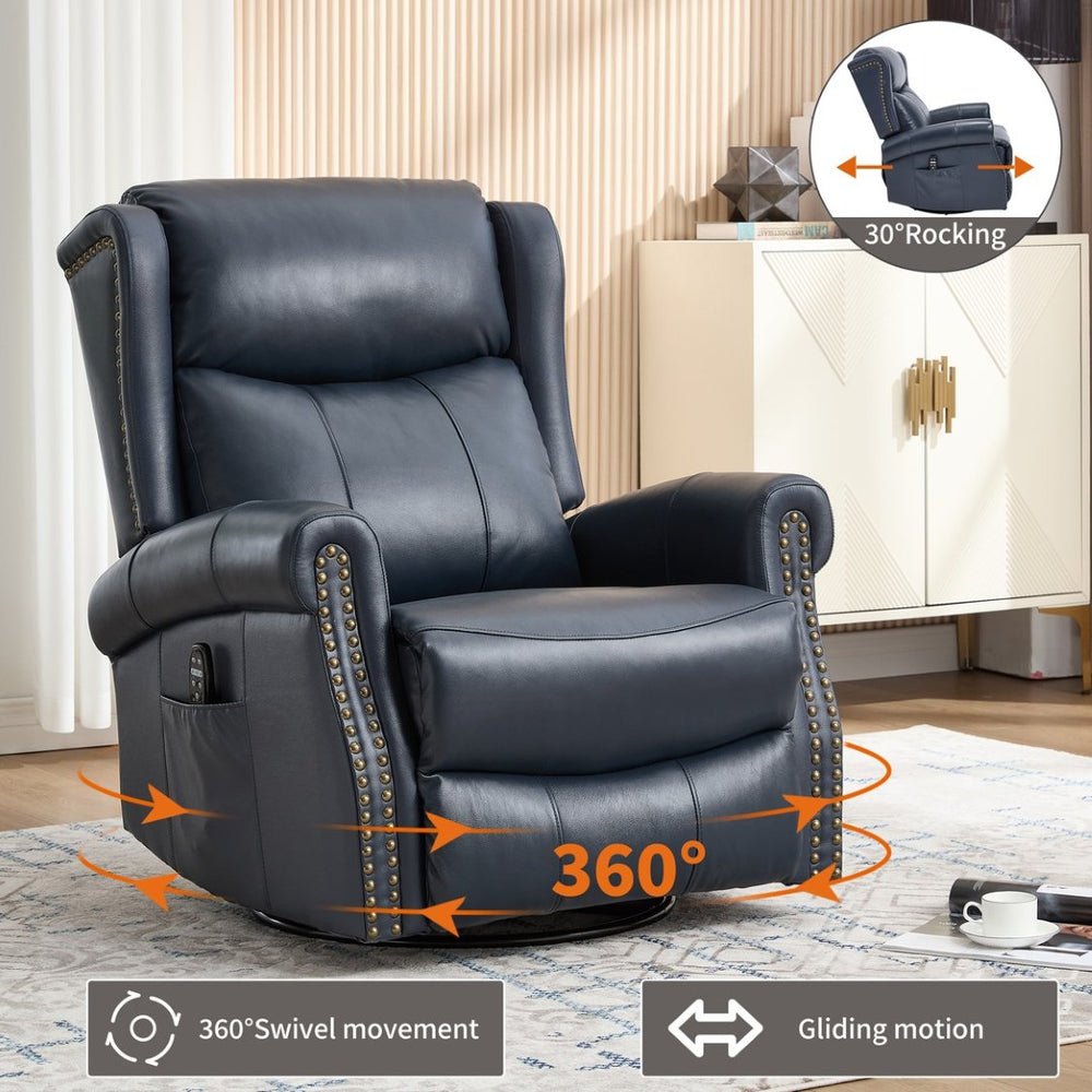 English Elm Heat Massage Rocker Swivel Recliner in Genuine Leather with Lumbar Relief for Living Room W3224S00012