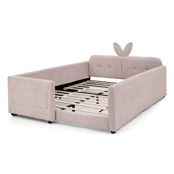 English Elm Full Size Boucle Platform Bed Whimsical Rabbit Ear Headboard with Safety Rail Pink W1413S00136