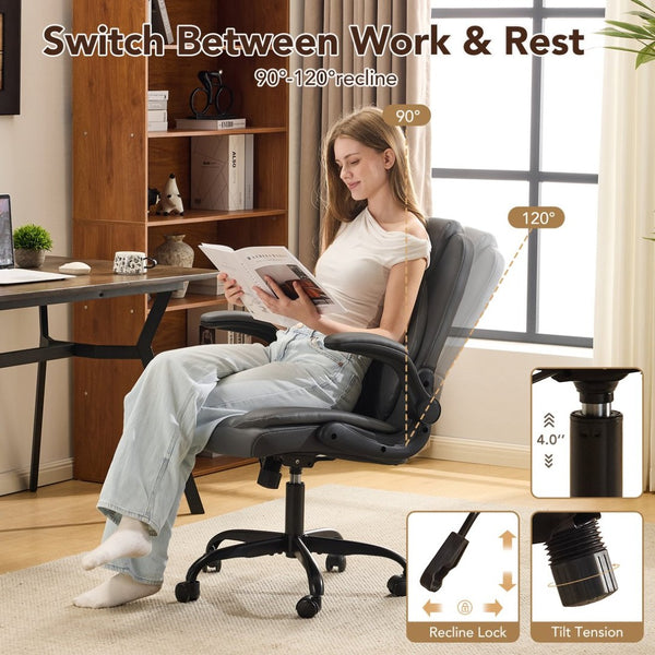 English Elm Leather Executive Desk Chair with Flip up Armrests Lumbar Support and Spring Cushion Grey T5339P459999