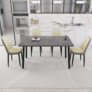 English Elm 55.12-70.87" Expandable Dining Table Set Seats 6 with Pu Upholstered Chairs Black Metal Legs Beige+Grey W2189S00914