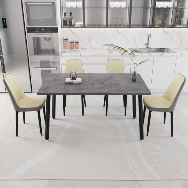 English Elm 55.12-70.87" Expandable Dining Table Set Seats 6 with Pu Upholstered Chairs Black Metal Legs Beige+Grey W2189S00914