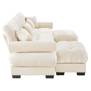 English Elm U U Shape Modular Velvet Sectional Sofa with Movable Ottomans, Cloud Seats, Bolster Arms, Cream W714S01073