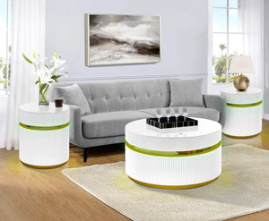 English Elm Tivoli Round Glass Top Coffee Table Set with Led Lighting and Gold Reeded Base B2749S00156