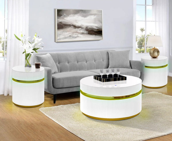 English Elm Tivoli Round Glass Top Coffee Table Set with Led Lighting and Gold Reeded Base B2749S00156