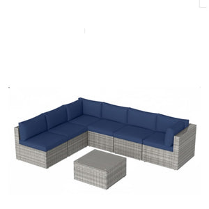English Elm 7-piece Outdoor Modular Sectional Pe Wicker Patio Set with Tempered Glass Coffee Table Gray+Navy B082S00073