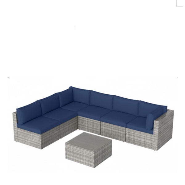 English Elm 7-piece Outdoor Modular Sectional Pe Wicker Patio Set with Tempered Glass Coffee Table Gray+Navy B082S00073