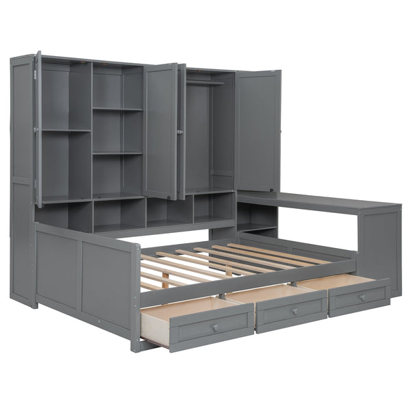 English Elm Full Size Wooden Daybed With Desk, Drawers, Shelves – Stylish Space-Saving Solution In Gray! N820S00055E