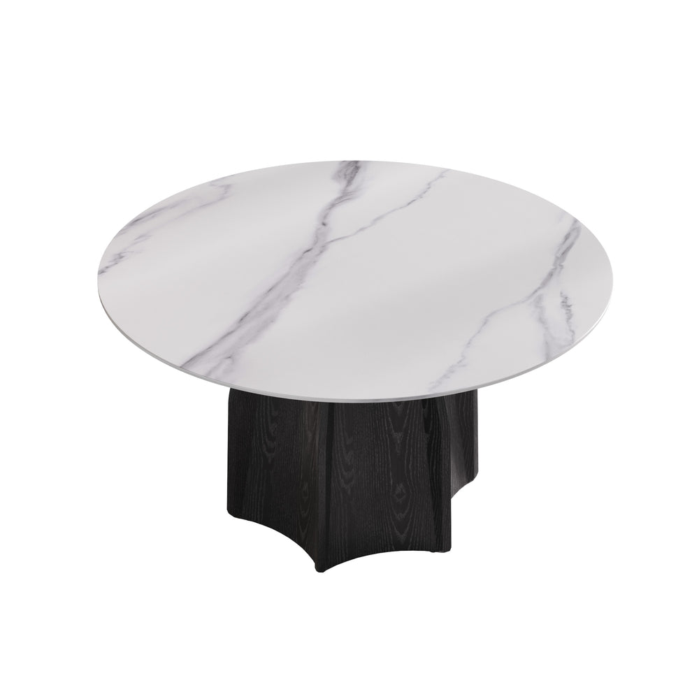 English Elm 53" Round Marble Dining Table – Elegant Sintered Stone Top With Black Solid Wood Base For 6 People W1535S00379