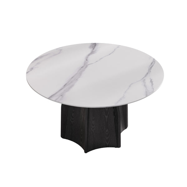 English Elm 53" Round Marble Dining Table – Elegant Sintered Stone Top With Black Solid Wood Base For 6 People W1535S00379