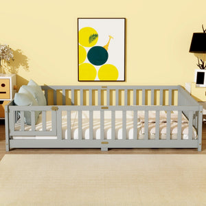 English Elm Full Size Rubberwood Floor Bed with Safety Guardrails and Latching Door for Toddlers Grey W504P429296