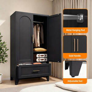 English Elm 60" Powder-coated Steel Wardrobe with Hanging Rod Drawer and Shelf for Slim Spaces W3387P396209