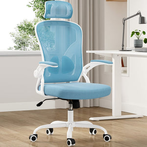 English Elm Ergonomic High Back Mesh Desk Chair with Flip up Arms and Adjustable Lumbar Support Blue,White T3623P434250
