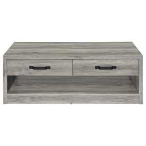 English Elm Nuberg Driftwood Finish Rectangular Coffee Table with Drawers and Open Shelf Storage B062P441290