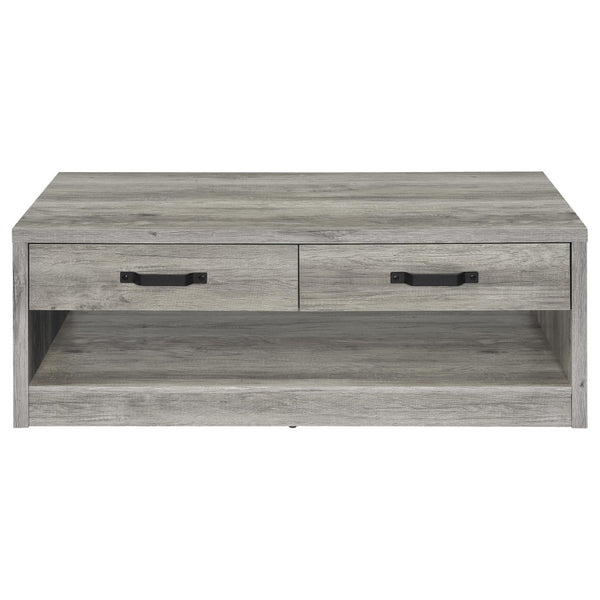 English Elm Nuberg Driftwood Finish Rectangular Coffee Table with Drawers and Open Shelf Storage B062P441290