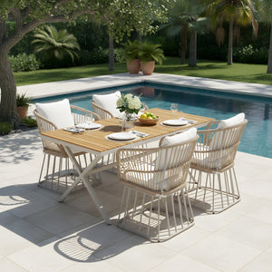 English Elm Outdoor Teak and Wicker Patio Dining Set Seats Four with Cushioned Armchairs N770PS526B27B