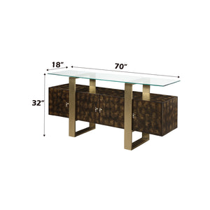 English Elm Mabyn Brass & Antique Brown Console Cabinet with Tempered Glass Top, 4 Doors, 2 Drawers, Adjustable Shelf B2726P263770
