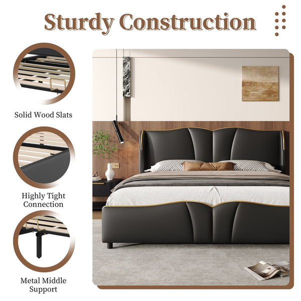 English Elm Christopher Knight Home® - King PU Leather Bed Frame with Wingback Headboard & Footboard, Gold Accents, Platform Slat Support, Elegant Design Black 85 L x 10 W x 3.25 H N761S0000017B
