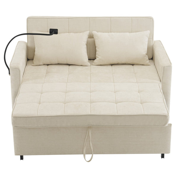 English Elm 56.9" Loveseat Sofa Bed with Chenille Upholstery, USB Ports, Phone Holder, Side Pockets, Reclining Backrest Beige N719P208853A