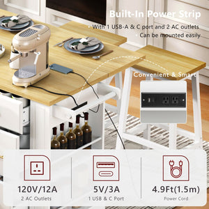 English Elm K&k Rolling Kitchen Island Six Drawers Drop Leaf Built-in Charging Vintage Style White N707S307292W