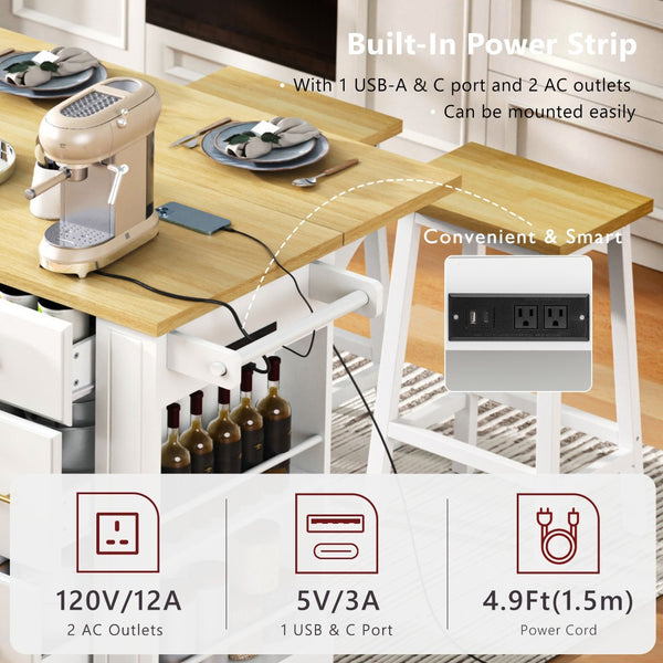 English Elm K&k Rolling Kitchen Island Six Drawers Drop Leaf Built-in Charging Vintage Style White N707S307292W