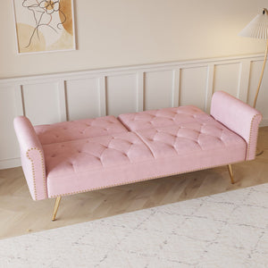 English Elm A Velvet 69.7" Sofa Bed with Gold Legs, Nailhead Trim, 2-Seater Convertible Sofa with Pillow Pink W3356P298450