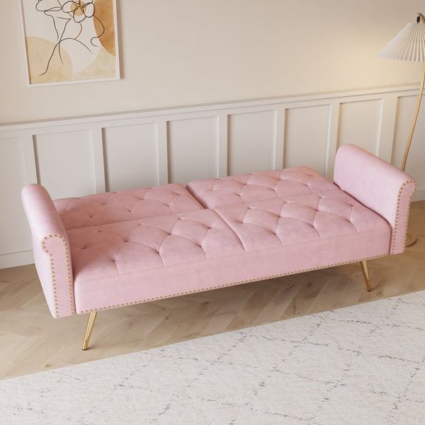 English Elm A Velvet 69.7" Sofa Bed with Gold Legs, Nailhead Trim, 2-Seater Convertible Sofa with Pillow Pink W3356P298450