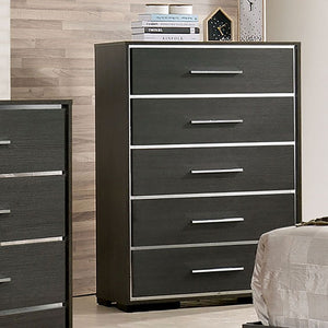 English Elm Contemporary Chic Five-Drawer Chest with Chrome Legs, High-Gloss Coating, Smooth Modern Design Warm Grey 37 L x 20 W x 53 H B2741P368142