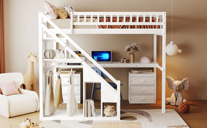 English Elm Twin Loft Bed with Staircase Desk Dual Drawers and Led Strip for Kids Rooms LT000257AAK