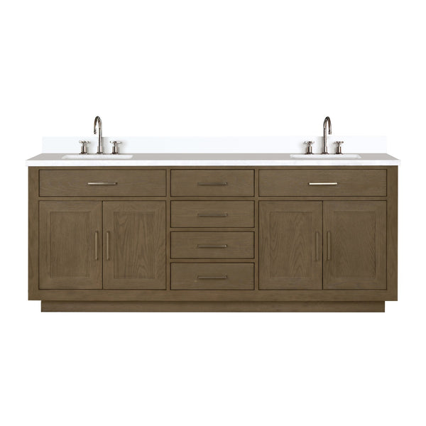 English Elm Grey Oak Double Bath Vanity With White Quartz Top & Faucet Set - Modern Design, Easy Installation! B2731P257831