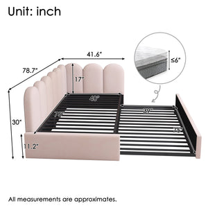 English Elm Upholstered Twin Daybed with Pull-Out Trundle, Velvet Upholstery, Metal Slatted Frame, 300lb Capacity Pink AA20362122P