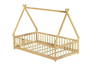 English Elm Twin Tent-Shaped Floor Bed With Guardrails, Playful Design, Natural Wood Finish, Safe & Cozy Space W504P345783-GIGA