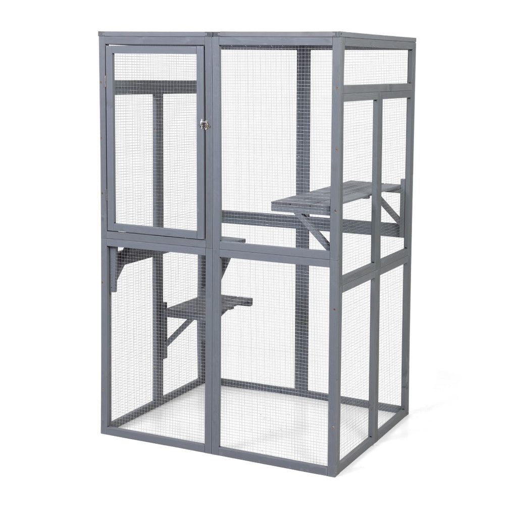 English Elm Wooden Pine Catio Outdoor Cat Enclosure with Hammock Platforms and Rain Shelter Roof W2181P191343