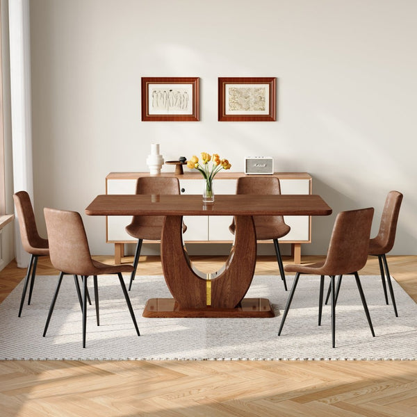 English Elm One Modern 7 Piece Dining Set 63 Inch Table Dark Wood Grain Top Brown Fabric Chairs W1151S04406