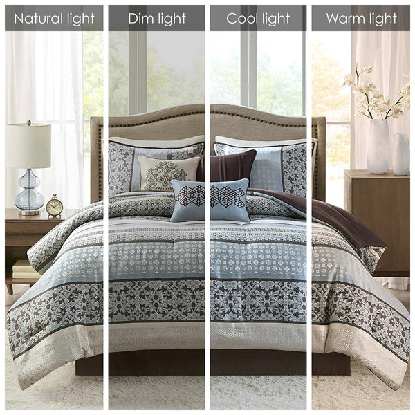 English Elm 7 Piece Comforter Set - Elegant Geometric Design In Soft Blue & Ivory For Queen Beds, Easy Care & Stylish B03597161