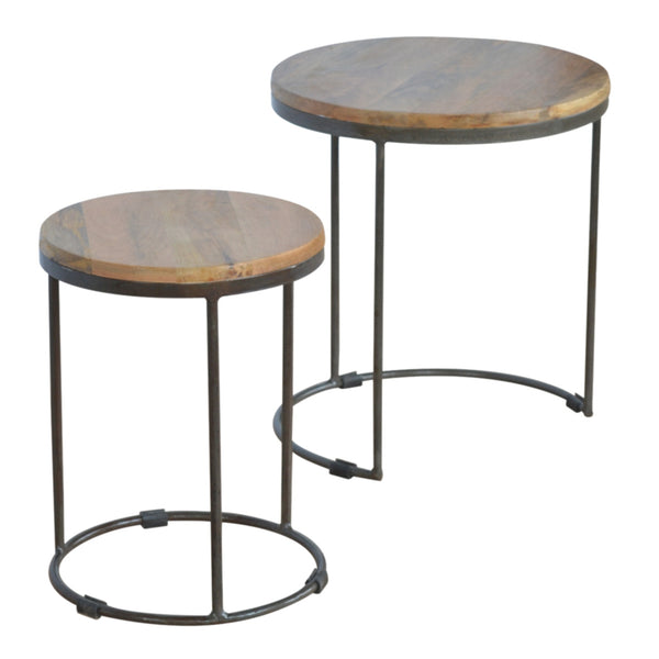 English Elm Solid Solid wood round stool with iron base set of 2 – 100% mango wood tops, industrial oak finish, nesting design Brown+Black B182P186200