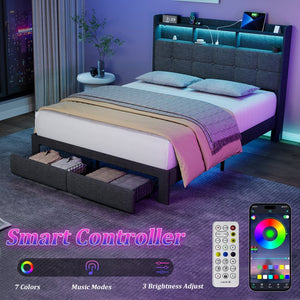 English Elm Queen LED Bed Frame with Linen Headboard, 2 Drawers, Fast Charging Ports, Remote RGB Nightlight W1550P190362